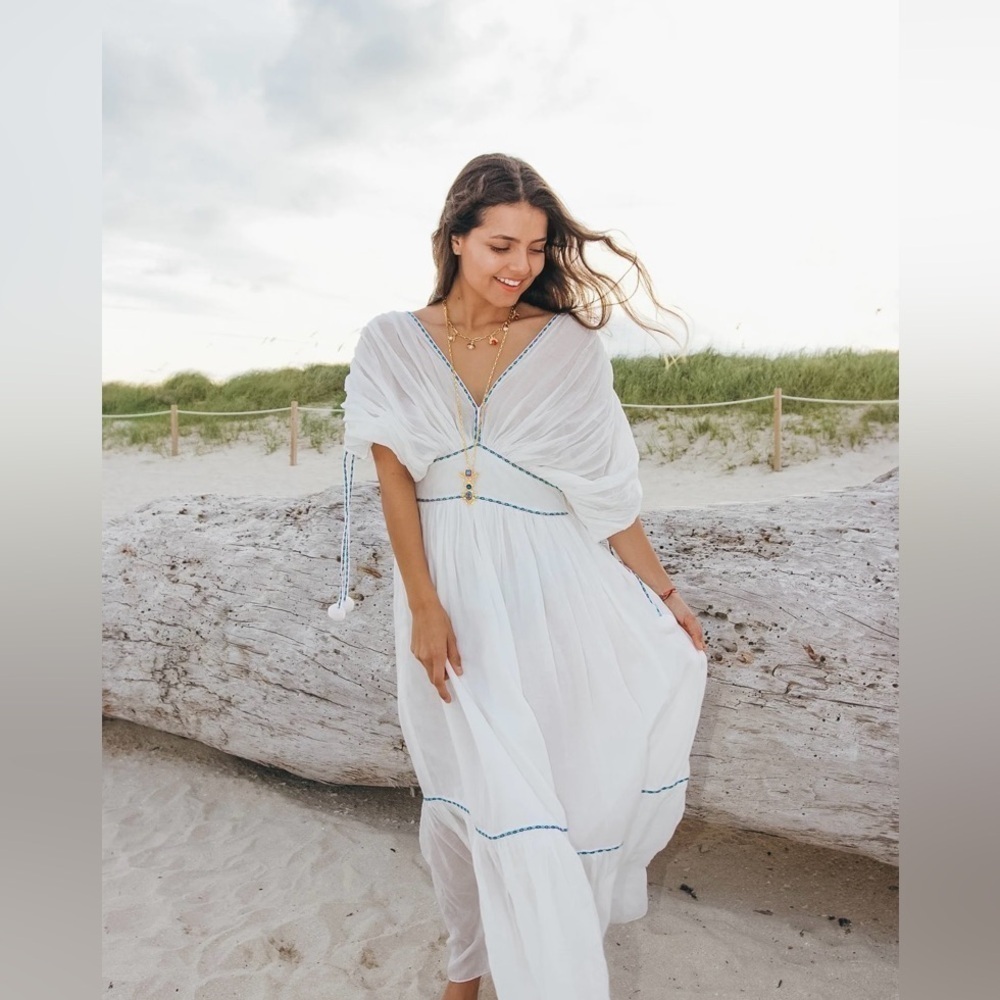 - Pitusa Clara Pom Pom Long Maxi Dress White Standard Size
